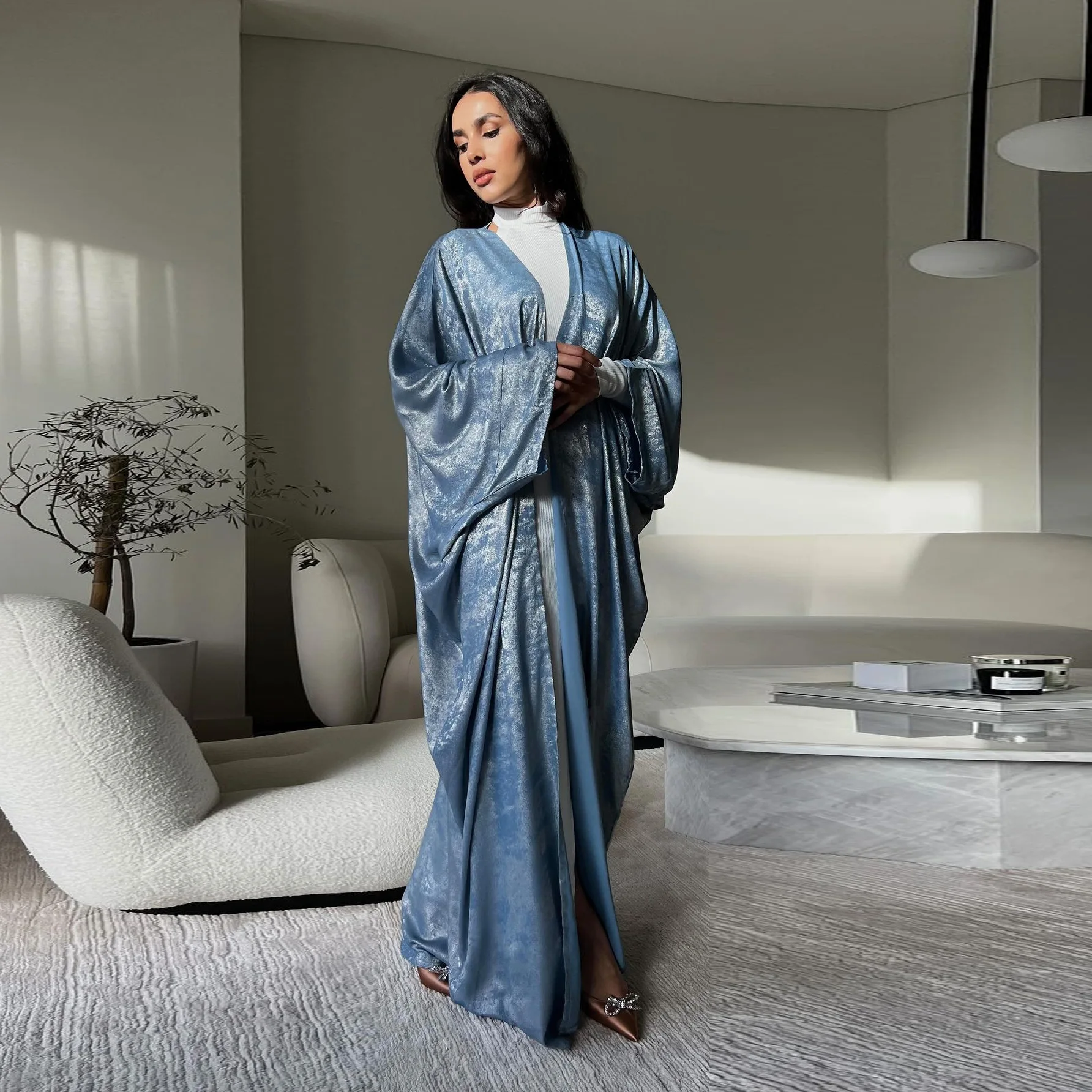 Brillant fête Abaya Ramadan Eid chauve-souris Satin ouvert Kimono dubaï luxe musulman Damen Abayas pour les femmes caftan robe vêtements islamiques