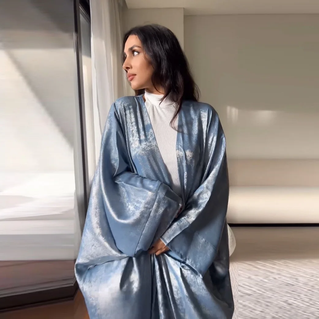 Brillant fête Abaya Ramadan Eid chauve-souris Satin ouvert Kimono dubaï luxe musulman Damen Abayas pour les femmes caftan robe vêtements islamiques