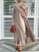 Robe modeste longue à taille nouée – Ensemble élégant avec hijab et manteau – Image 4