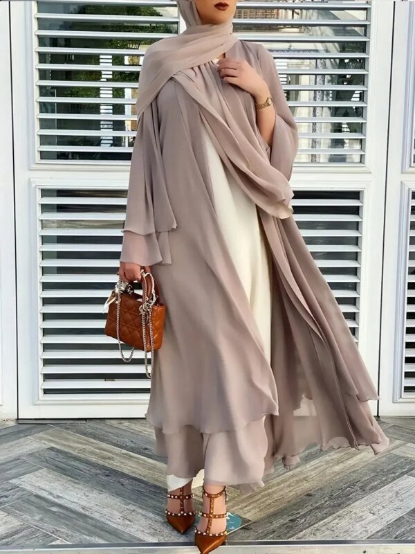Robe modeste longue à taille nouée – Ensemble élégant avec hijab et manteau – Image 4