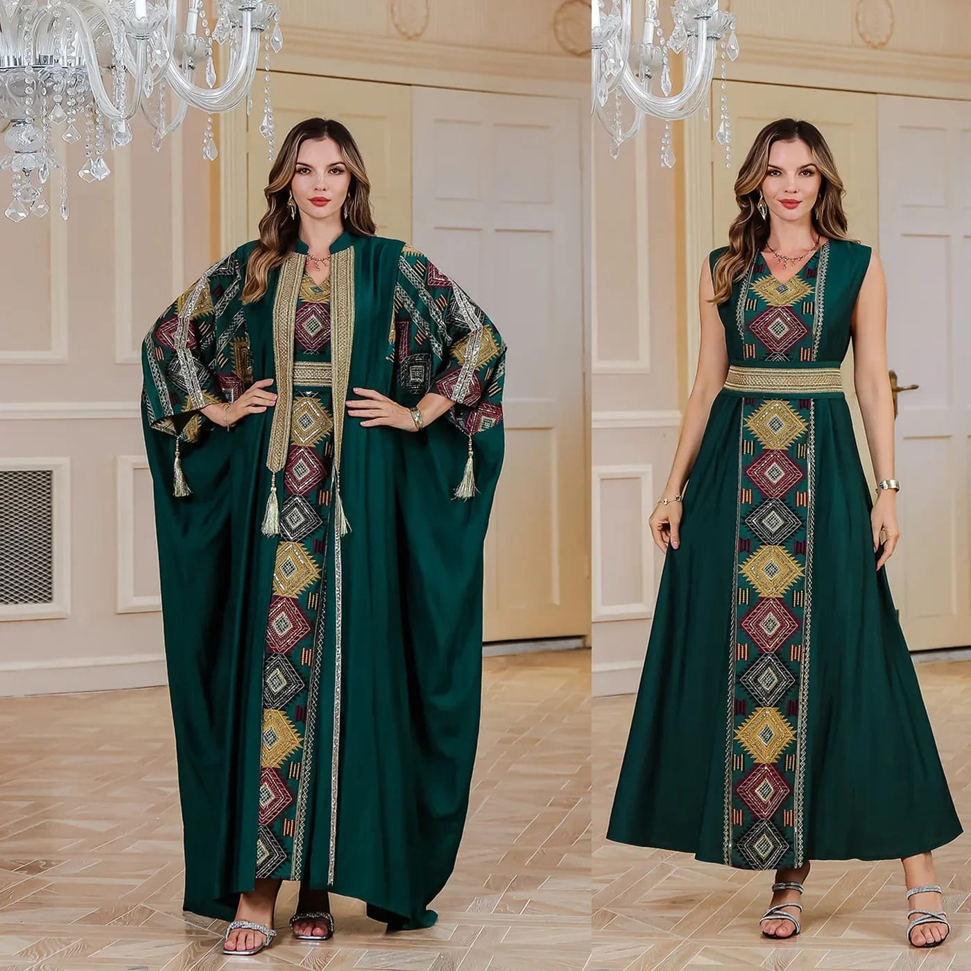 Ensemble de 2 pièces Robe brodée, Abaya ouverte