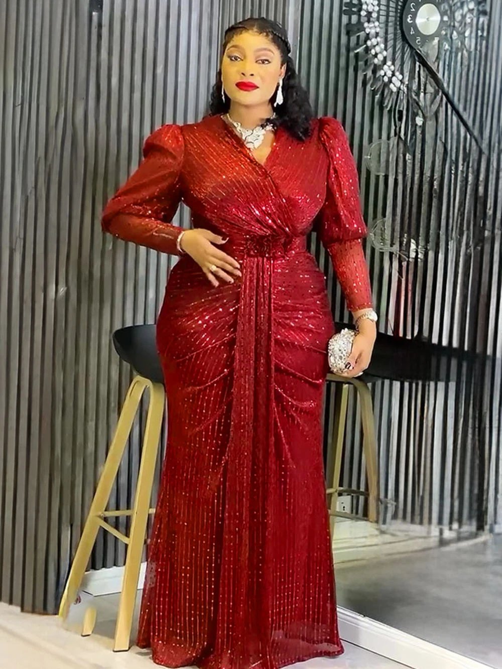 Robes Maxi de luxe à paillettes, manches longues