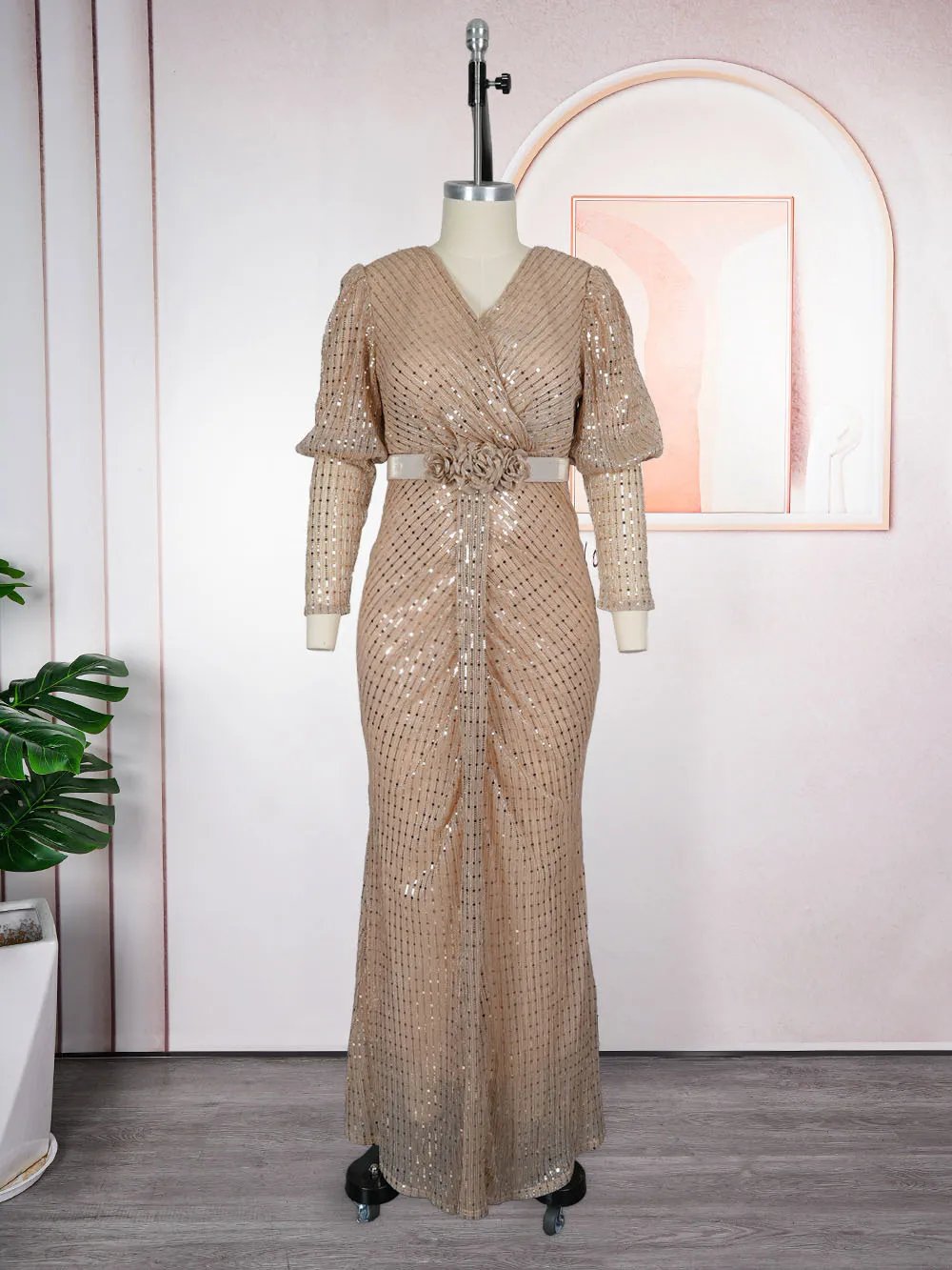 Robes Maxi de luxe à paillettes, manches longues