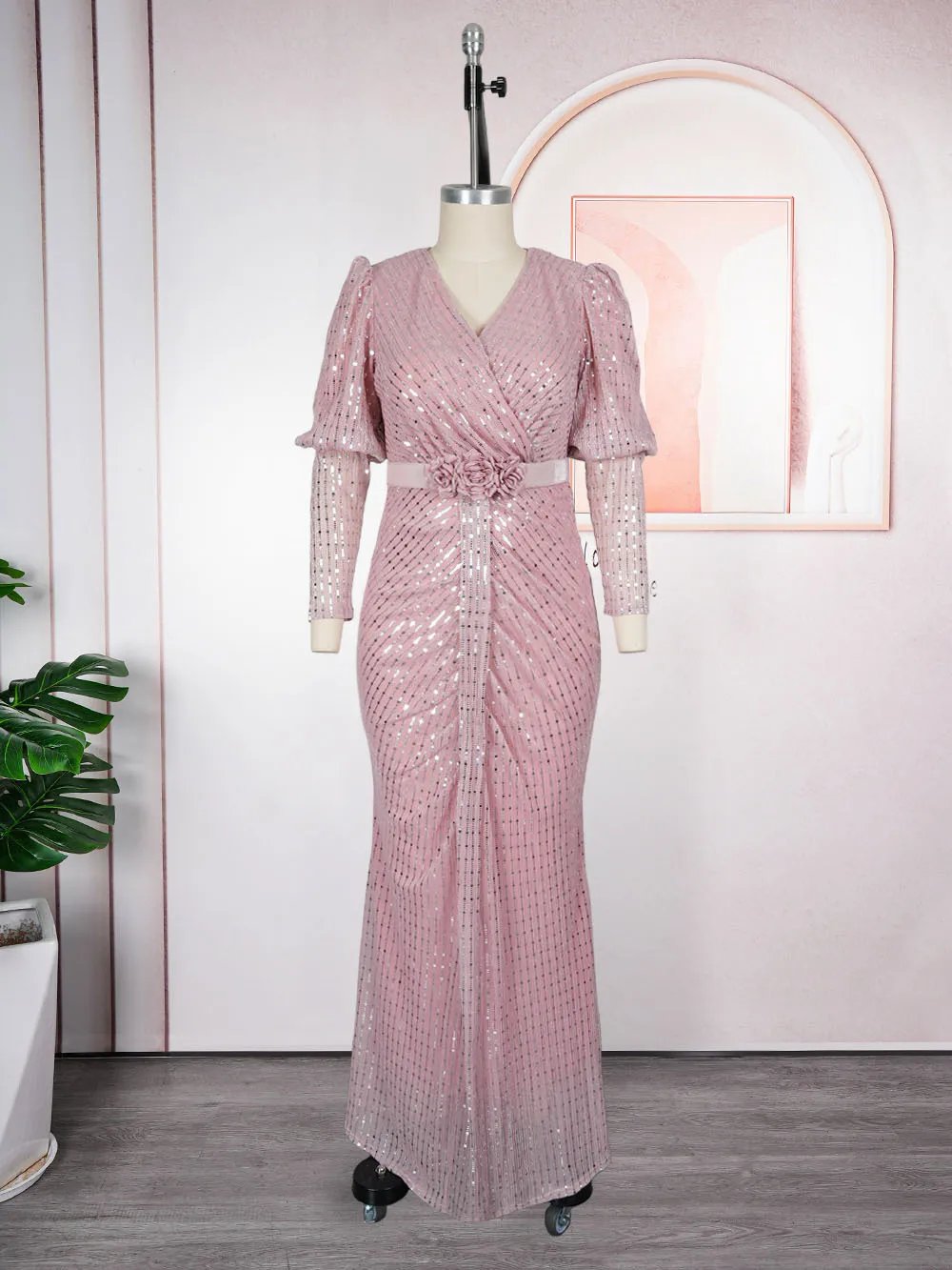 Robes Maxi de luxe à paillettes, manches longues