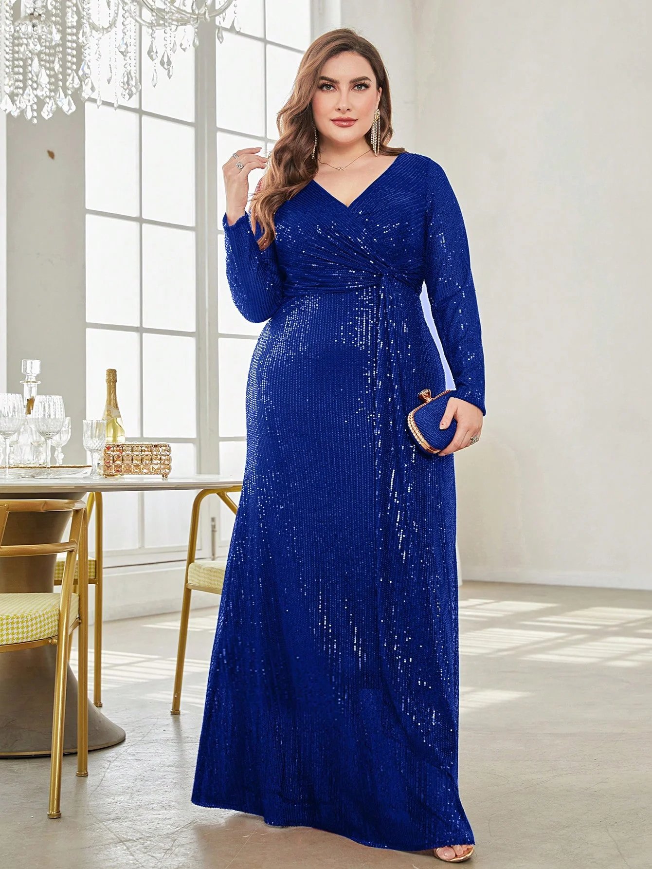 Robe de soirée de luxe grande taille, col en v, manches longues, paillettes, élégante Robe de soirée de luxe grande taille, col en v, manches longues, paillettes, élégante
