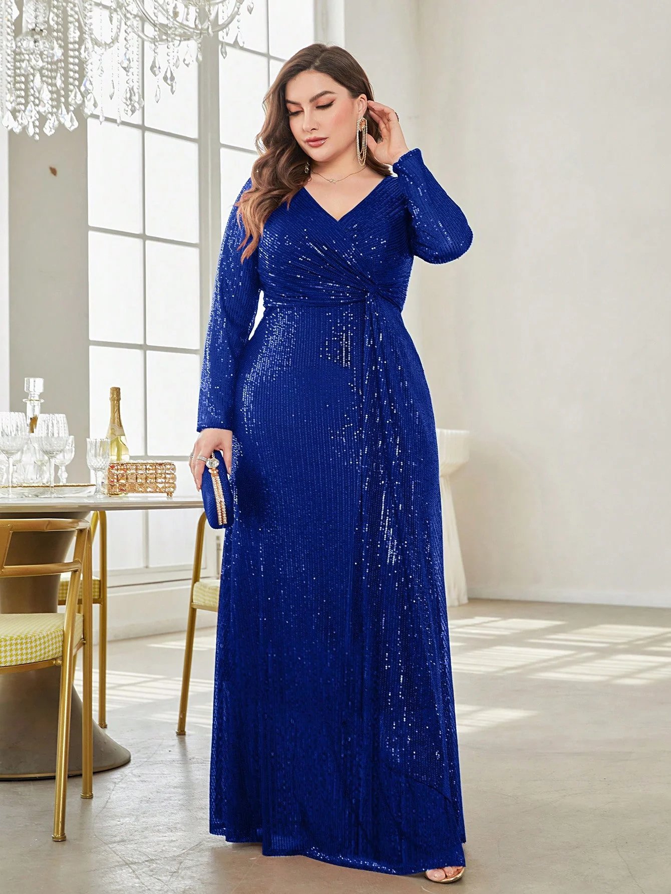 Robe de soirée de luxe grande taille, col en v, manches longues, paillettes, élégante Robe de soirée de luxe grande taille, col en v, manches longues, paillettes, élégante