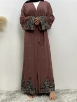 Abaya Kimono Dubaï Dentelle avec Perles – Mode Islamique Luxe – Image 5