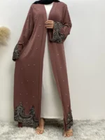 Abaya Kimono Dubaï Dentelle avec Perles – Mode Islamique Luxe – Image 4