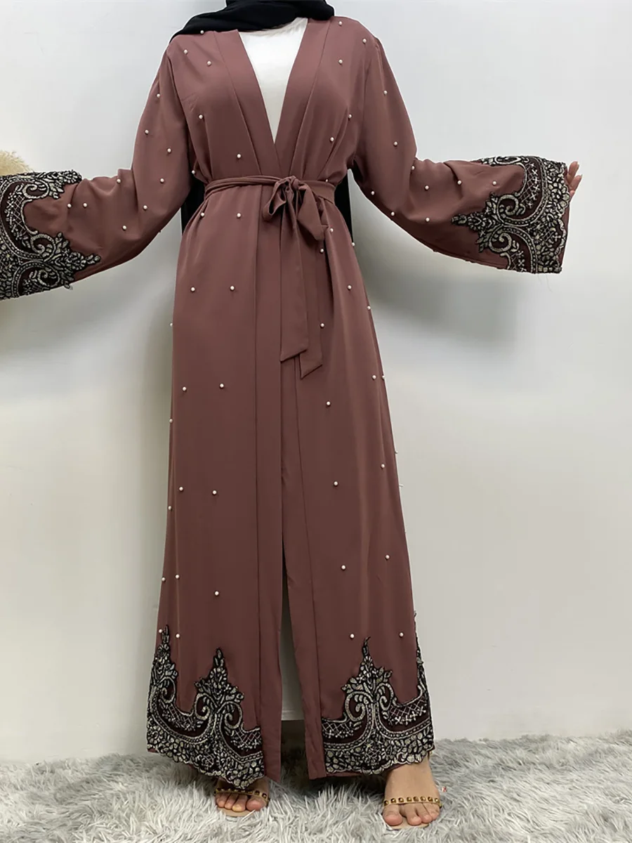 Abaya Kimono Dubaï Dentelle avec Perles – Mode Islamique Luxe