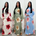 Abaya longue fluide fleurie manches larges élégante femme