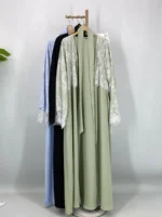 Abaya kimono en dentelle ouverte avec hijab pour femme musulmane luxe et pudeur – Image 4