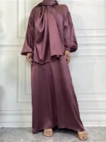 Abaya satin élégante avec hijab assorti pour femme musulmane – pudeur et luxe Aylinejab – Image 7